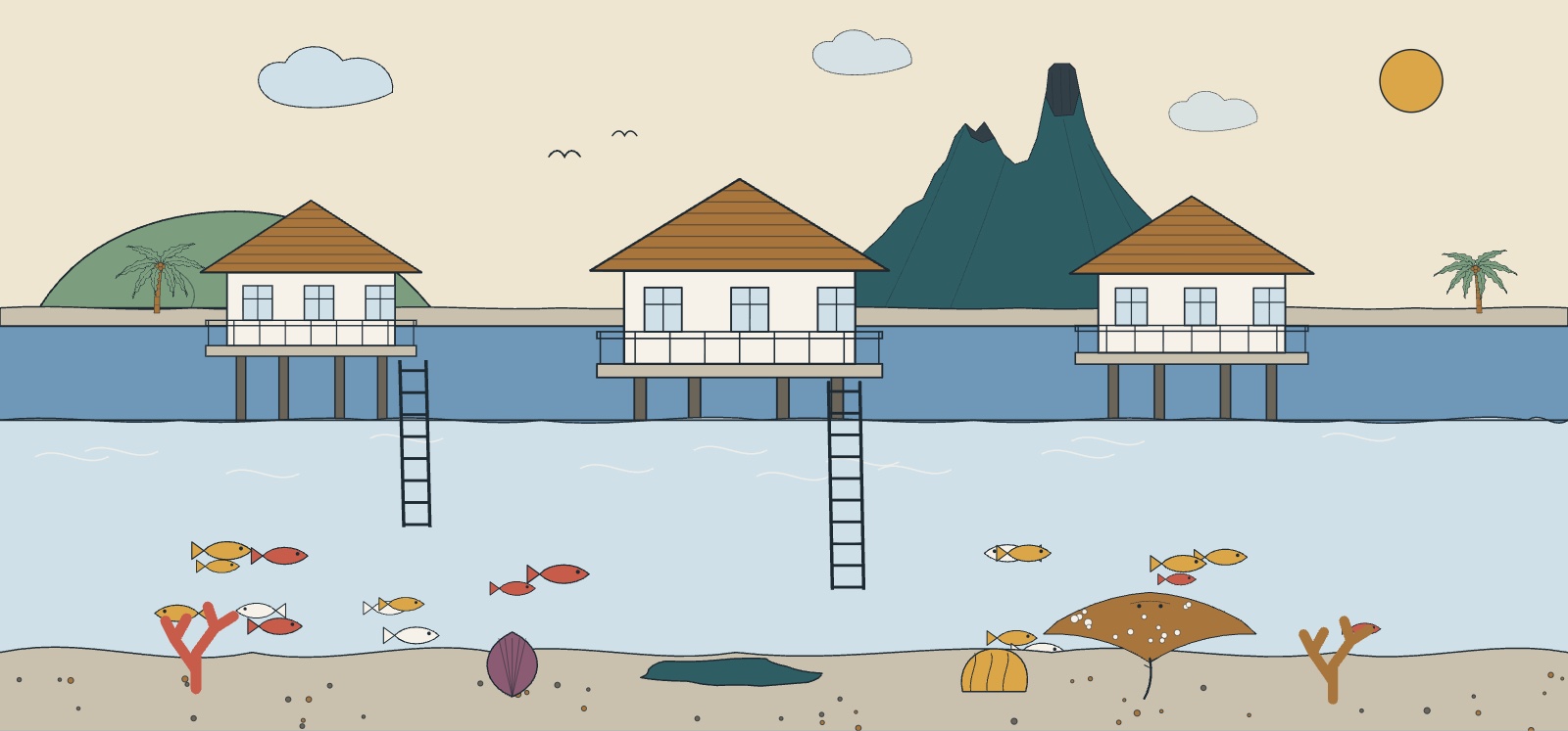 Illustration of overwater bungalows seen from the lagoon, with a ladder running down into clear water and fish below