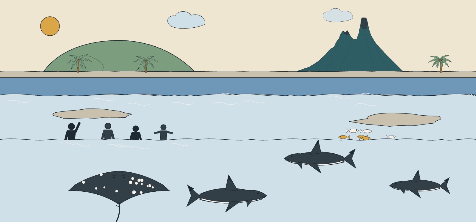 Illustration of a spotted eagle ray and blacktip reef sharks in shallow water, with a guide and visitors standing in the lagoon