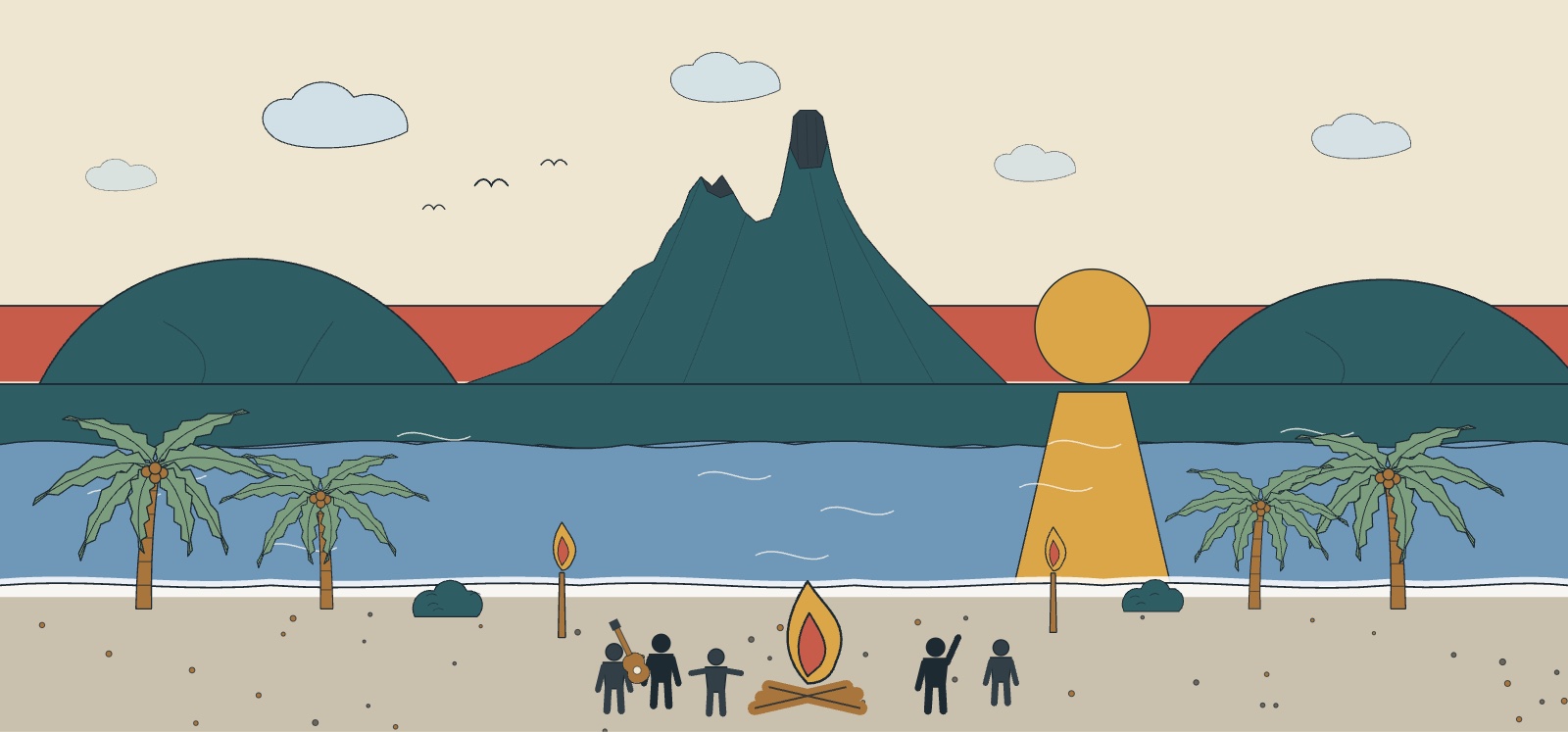 Illustration of a motu at sunset with a beach fire, an ukulele and silhouettes, Mount Otemanu behind